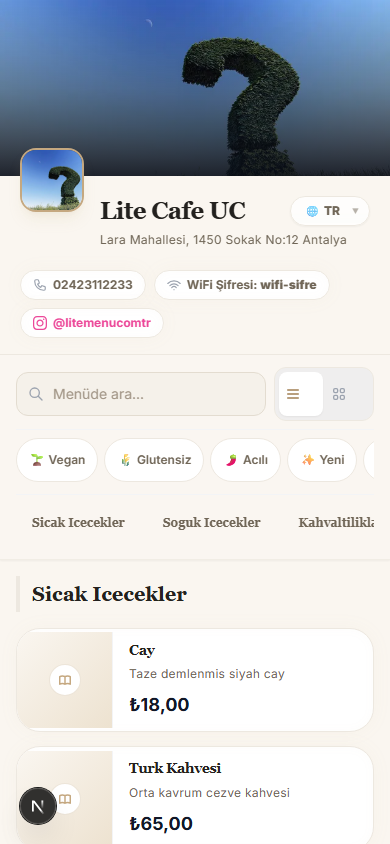 QR menu mobile ordering screen
