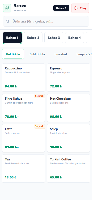 Waiter POS mobile screen with selected table and product catalog